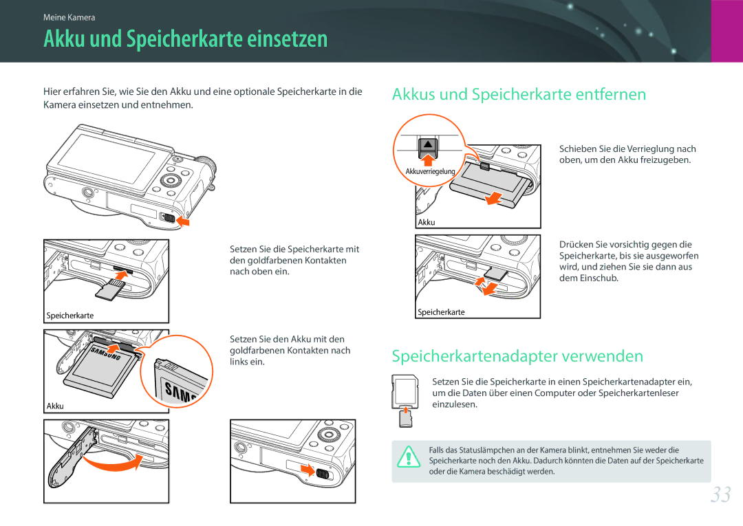 Samsung EV-NX3000BOHGR, EV-NX3000BOHFR, EV-NX3000BOIDE Akku und Speicherkarte einsetzen, Speicherkartenadapter verwenden 