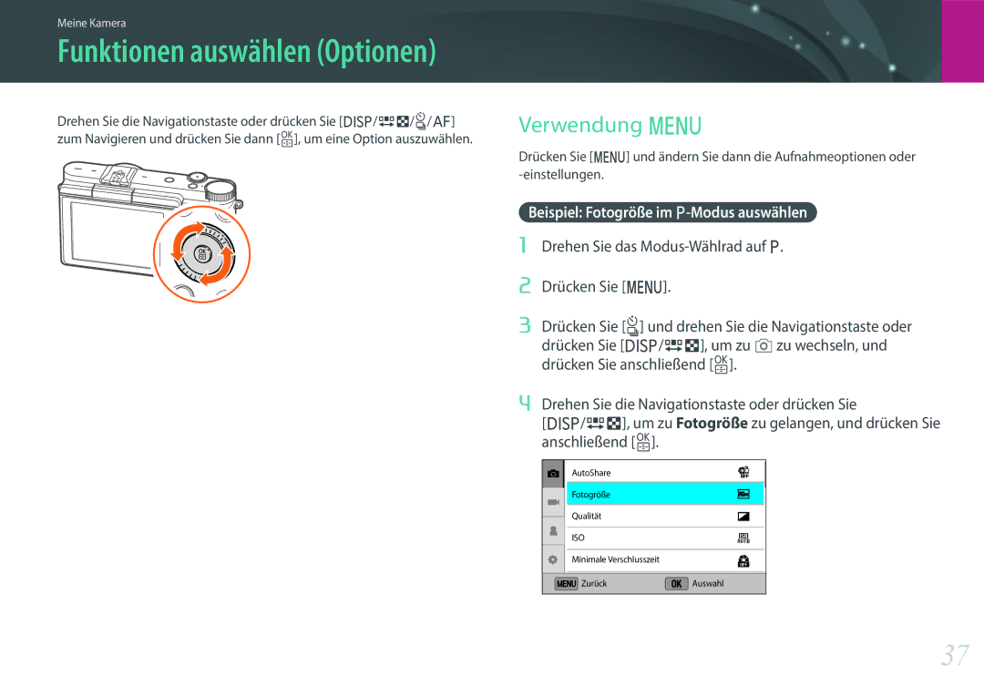 Samsung EV-NX3000BPHFR manual Funktionen auswählen Optionen, Verwendung m, Beispiel Fotogröße im P-Modus auswählen 