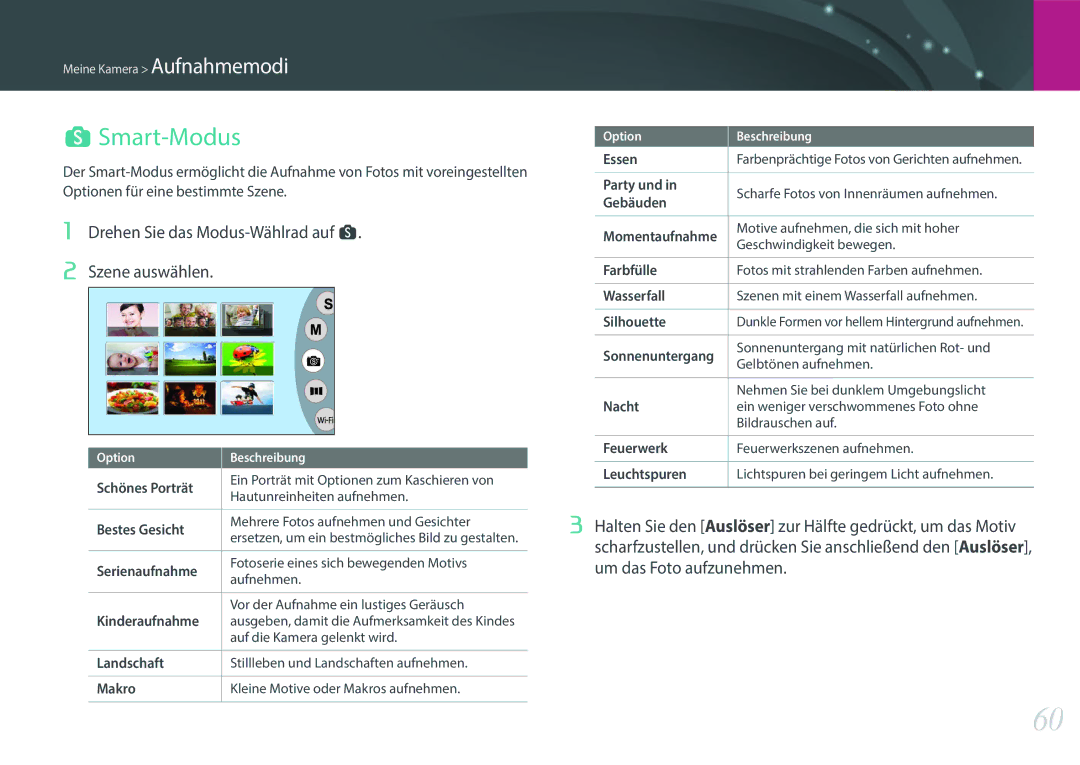 Samsung EV-NX3000BOHDE, EV-NX3000BOHFR manual Smart-Modus, Drehen Sie das Modus-Wählrad auf s, Um das Foto aufzunehmen 