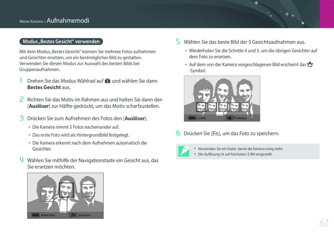 Samsung EV-NX3000BEHFR, EV-NX3000BOHFR manual Modus„Bestes Gesicht verwenden, Drücken Sie f, um das Foto zu speichern 