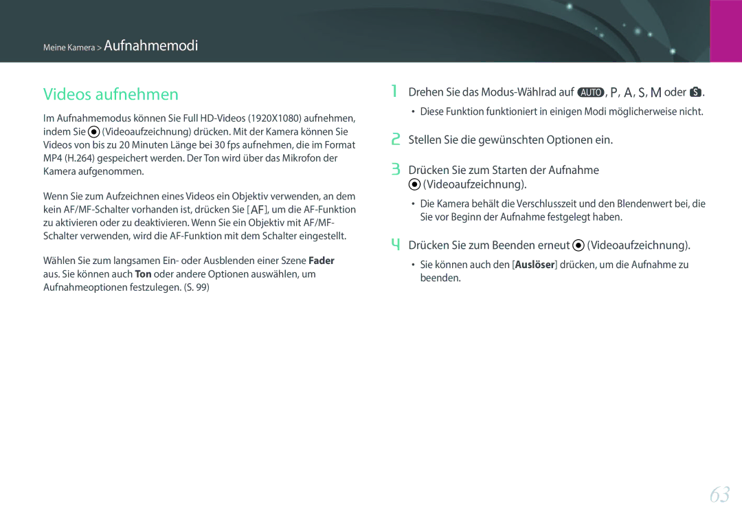 Samsung EV-NX3000BPHFR, EV-NX3000BOHFR manual Videos aufnehmen, Drehen Sie das Modus-Wählrad auf t, P, A, S, M oder s 