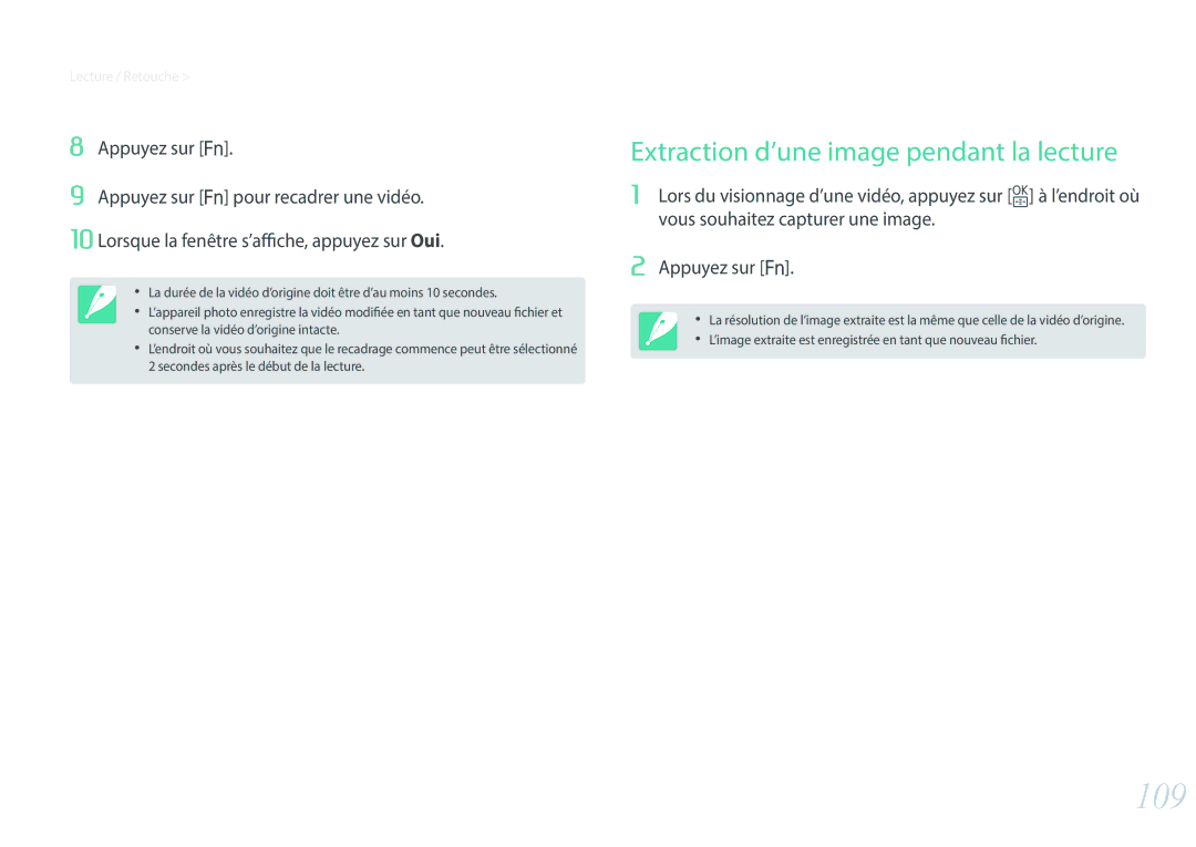 Samsung EV-NX3000BEHFR, EV-NX3000BOHFR, EV-NX3300BOBFR, EV-NX3000BOIFR manual 109, Extraction d’une image pendant la lecture 