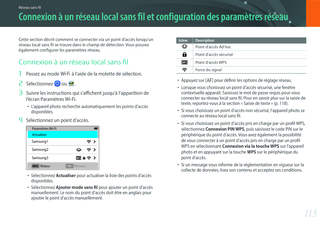 Samsung EV-NX3000BEHFR, EV-NX3000BOHFR manual 115, Connexion à un réseau local sans fil, Sélectionnez un point d’accès 