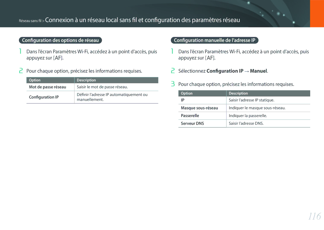 Samsung EV-NX3000BOIFR, EV-NX3000BOHFR 116, Configuration des options de réseau, Configuration manuelle de l’adresse IP 