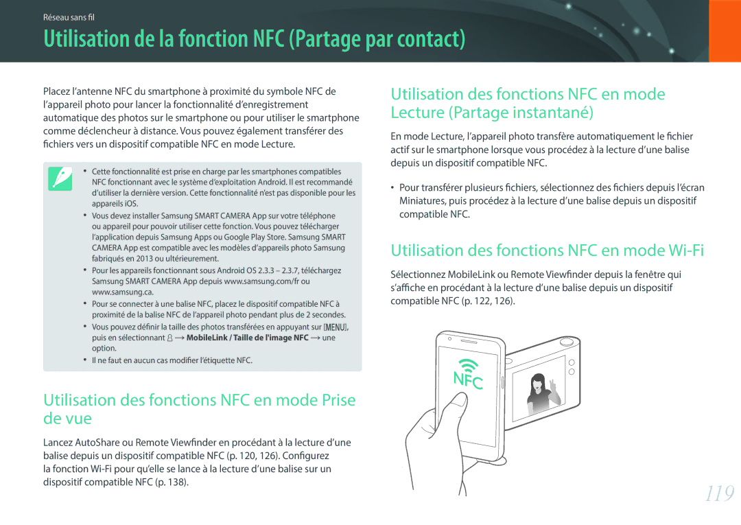 Samsung EV-NX3000BOHFR, EV-NX3300BOBFR, EV-NX3000BEHFR manual Utilisation de la fonction NFC Partage par contact, 119 