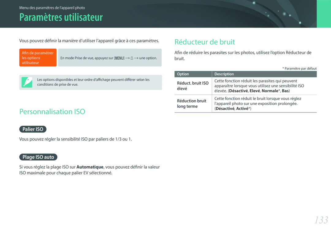 Samsung EV-NX3000BEHFR, EV-NX3000BOHFR manual Paramètres utilisateur, 133, Personnalisation ISO, Réducteur de bruit 