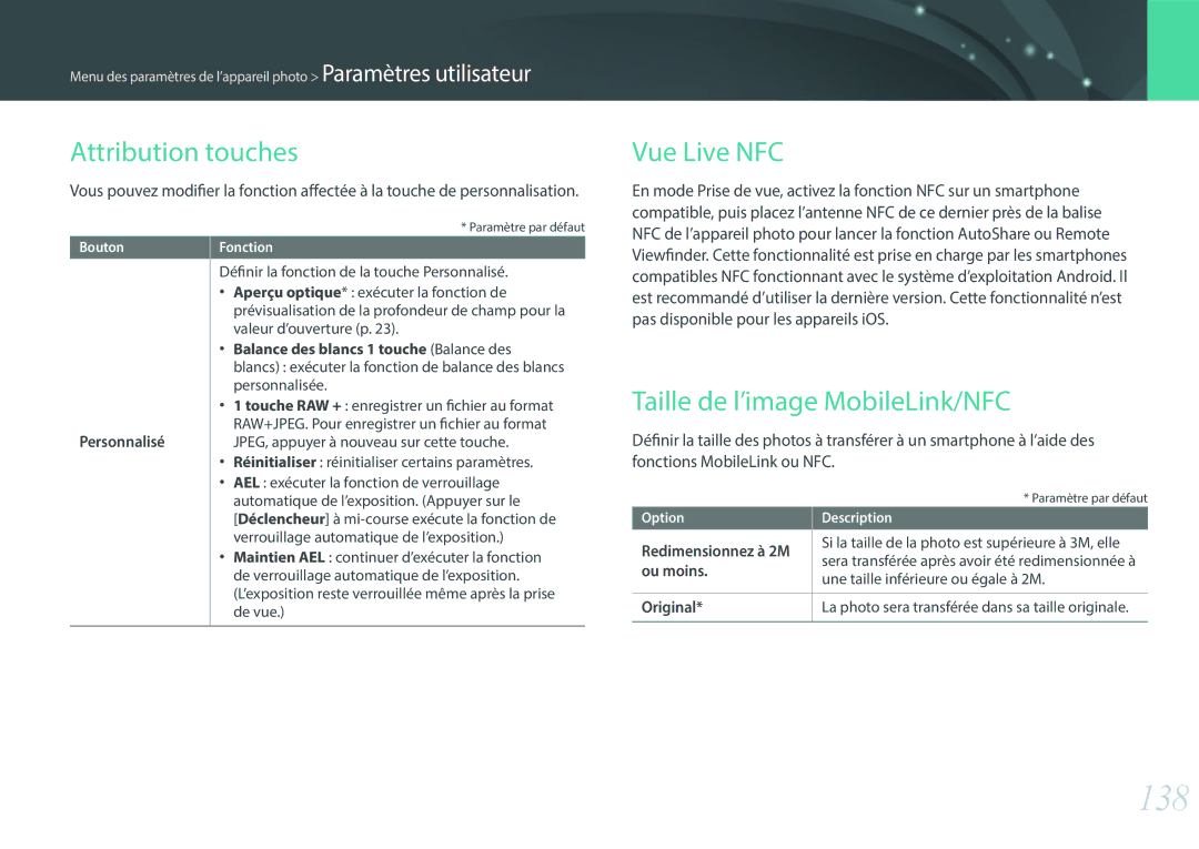 Samsung EV-NX3300BOBFR, EV-NX3000BOHFR manual 138, Attribution touches, Vue Live NFC, Taille de l’image MobileLink/NFC 