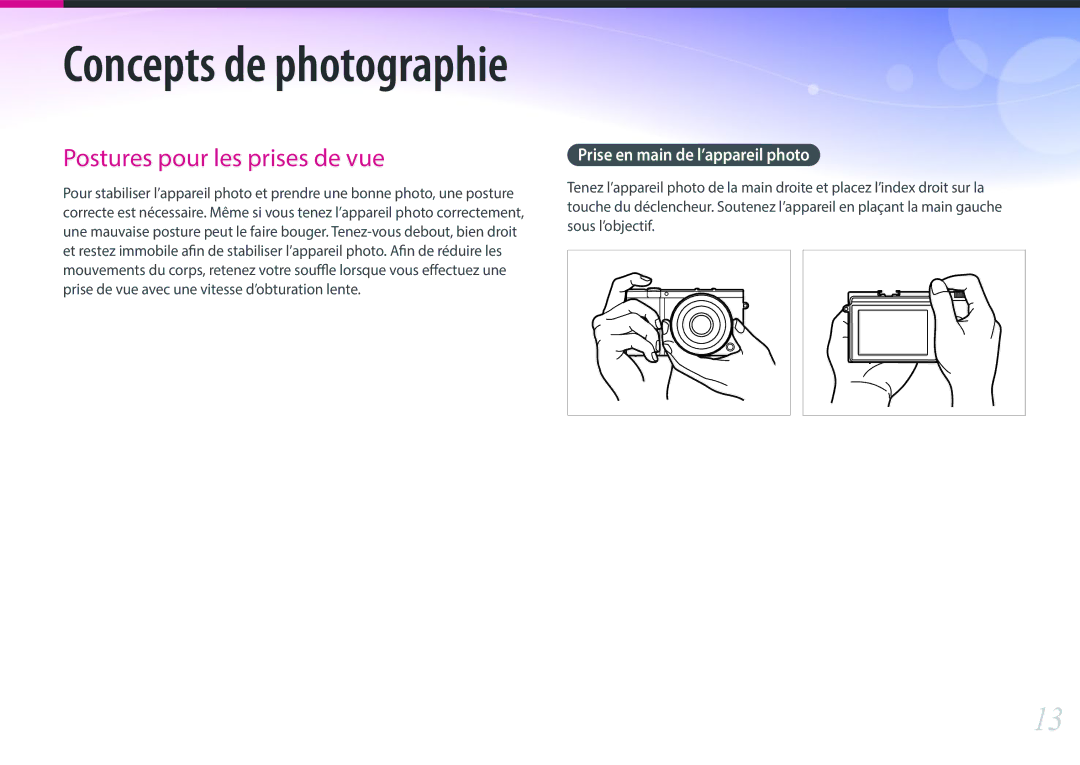 Samsung EV-NX3000BEHFR, EV-NX3000BOHFR, EV-NX3300BOBFR manual Concepts de photographie, Prise en main de l’appareil photo 