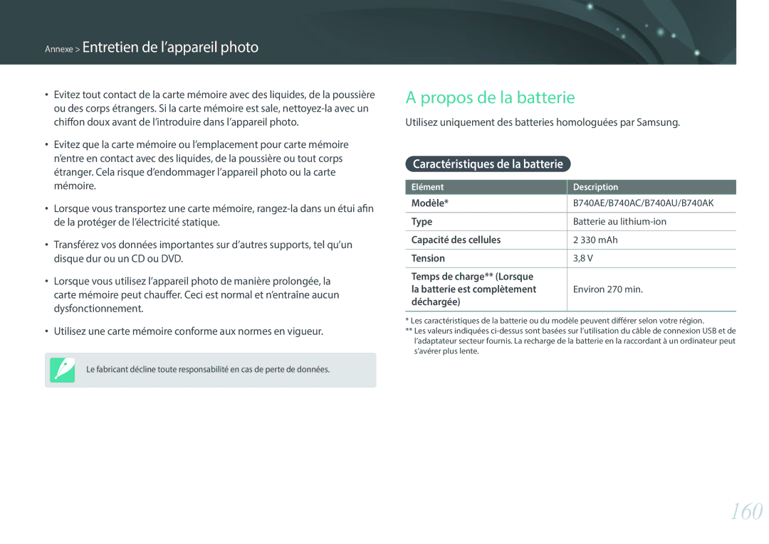 Samsung EV-NX3000BPHFR, EV-NX3000BOHFR, EV-NX3300BOBFR manual 160, Propos de la batterie, Caractéristiques de la batterie 