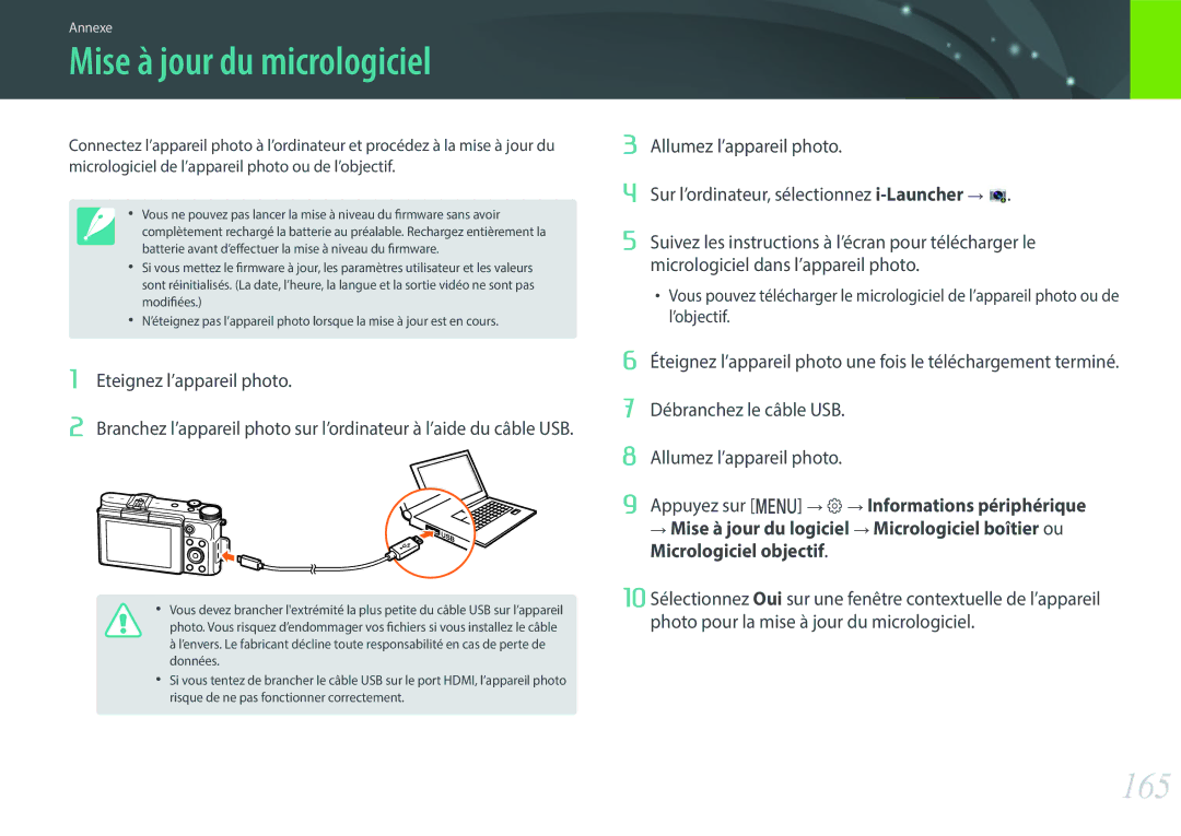 Samsung EV-NX3300BOWFR, EV-NX3000BOHFR, EV-NX3300BOBFR, EV-NX3000BEHFR, EV-NX3000BOIFR manual Mise à jour du micrologiciel, 165 