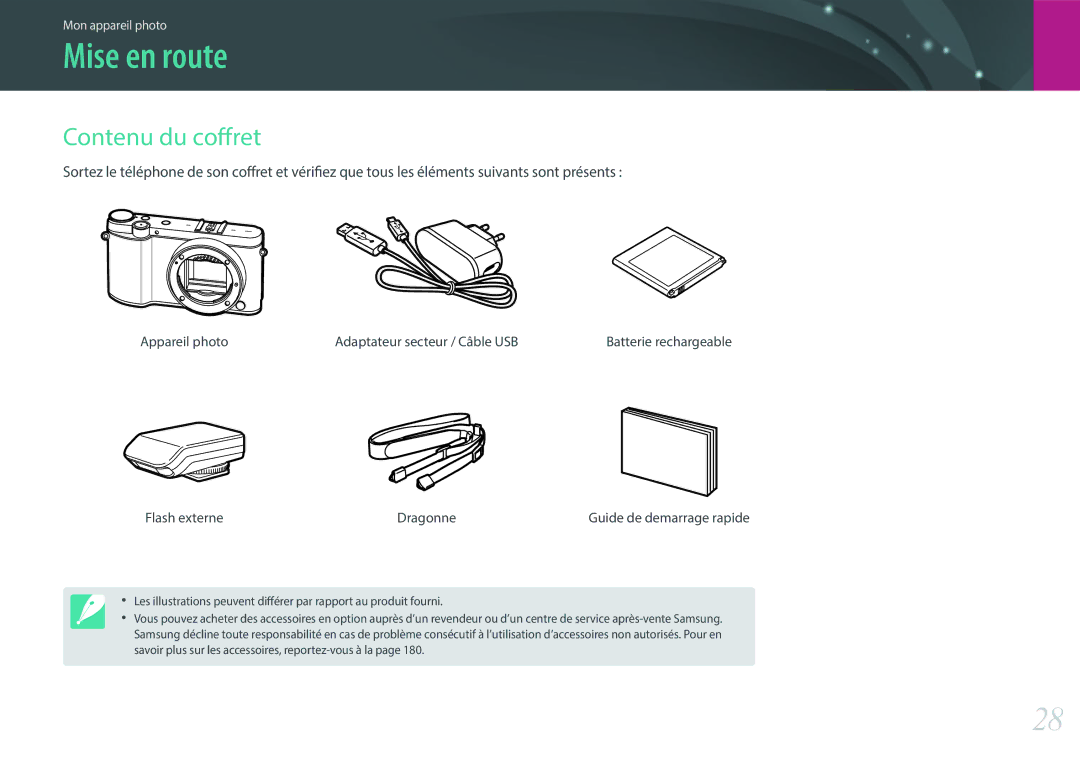 Samsung EV-NX3000BPHFR, EV-NX3000BOHFR Mise en route, Contenu du coffret, Appareil photo Adaptateur secteur / Câble USB 