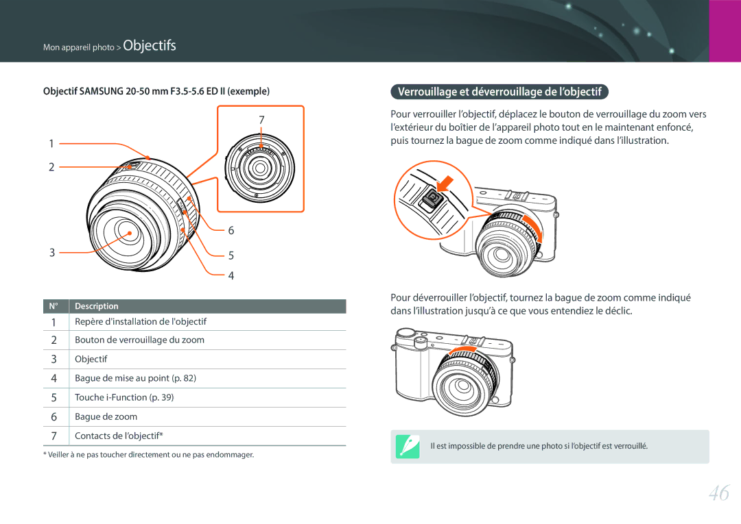 Samsung EV-NX3000BPHFR Verrouillage et déverrouillage de l’objectif, Objectif Samsung 20-50 mm F3.5-5.6 ED II exemple 