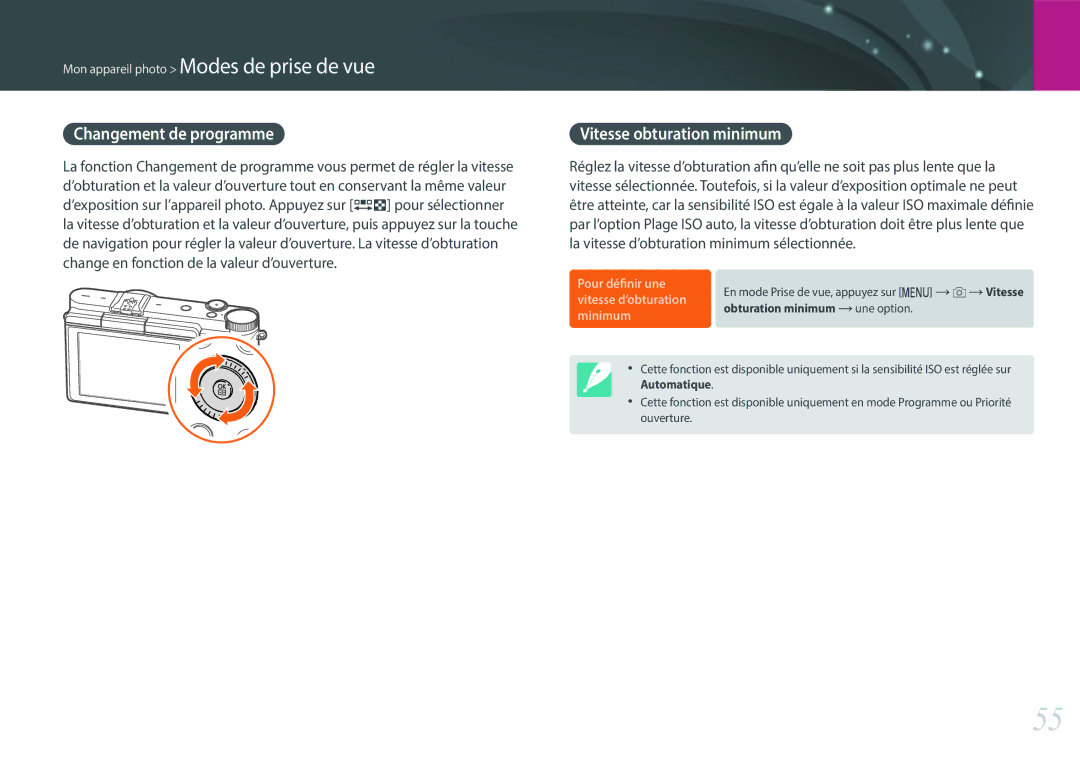 Samsung EV-NX3000BEHFR manual Changement de programme, Vitesse obturation minimum, Pour définir une, Vitesse d’obturation 