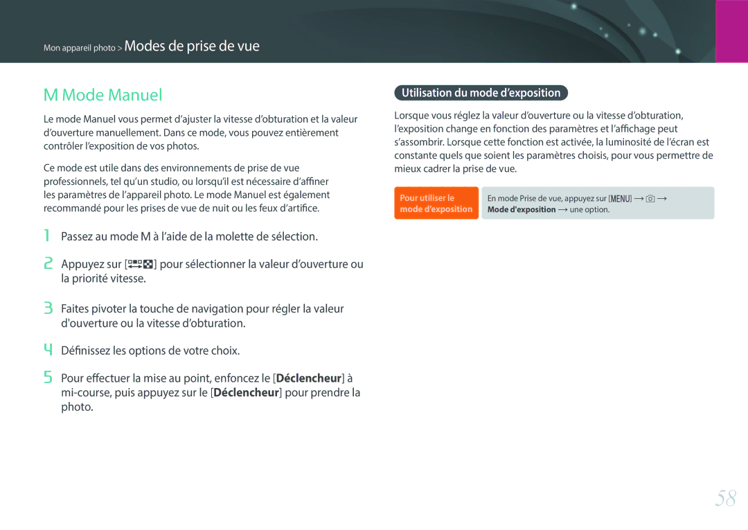 Samsung EV-NX3000BPHFR, EV-NX3000BOHFR, EV-NX3300BOBFR MMode Manuel, Utilisation du mode d’exposition, Pour utiliser le 