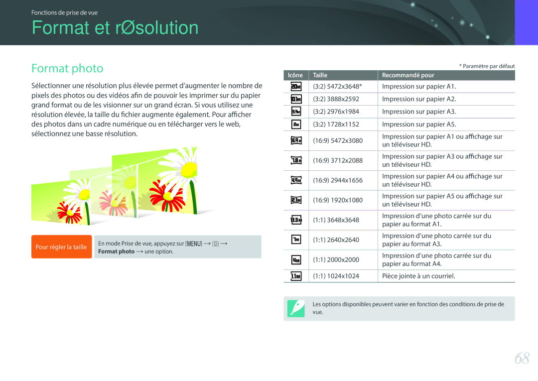 Samsung EV-NX3000BOIFR, EV-NX3000BOHFR, EV-NX3300BOBFR, EV-NX3000BEHFR, EV-NX3300BOWFR Format et résolution, Format photo 
