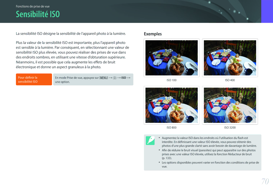 Samsung EV-NX3000BPHFR, EV-NX3000BOHFR, EV-NX3300BOBFR, EV-NX3000BEHFR manual Sensibilité ISO, Exemples, Pour définir la 