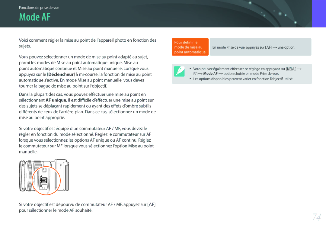 Samsung EV-NX3000BOIFR, EV-NX3000BOHFR, EV-NX3300BOBFR manual Mode AF, Pour définir le, Mode de mise au Point automatique 