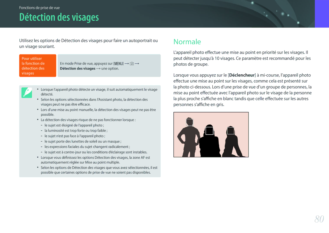 Samsung EV-NX3000BOIFR manual Détection des visages, Normale, Pour utiliser, La fonction de Détection des, Visages 