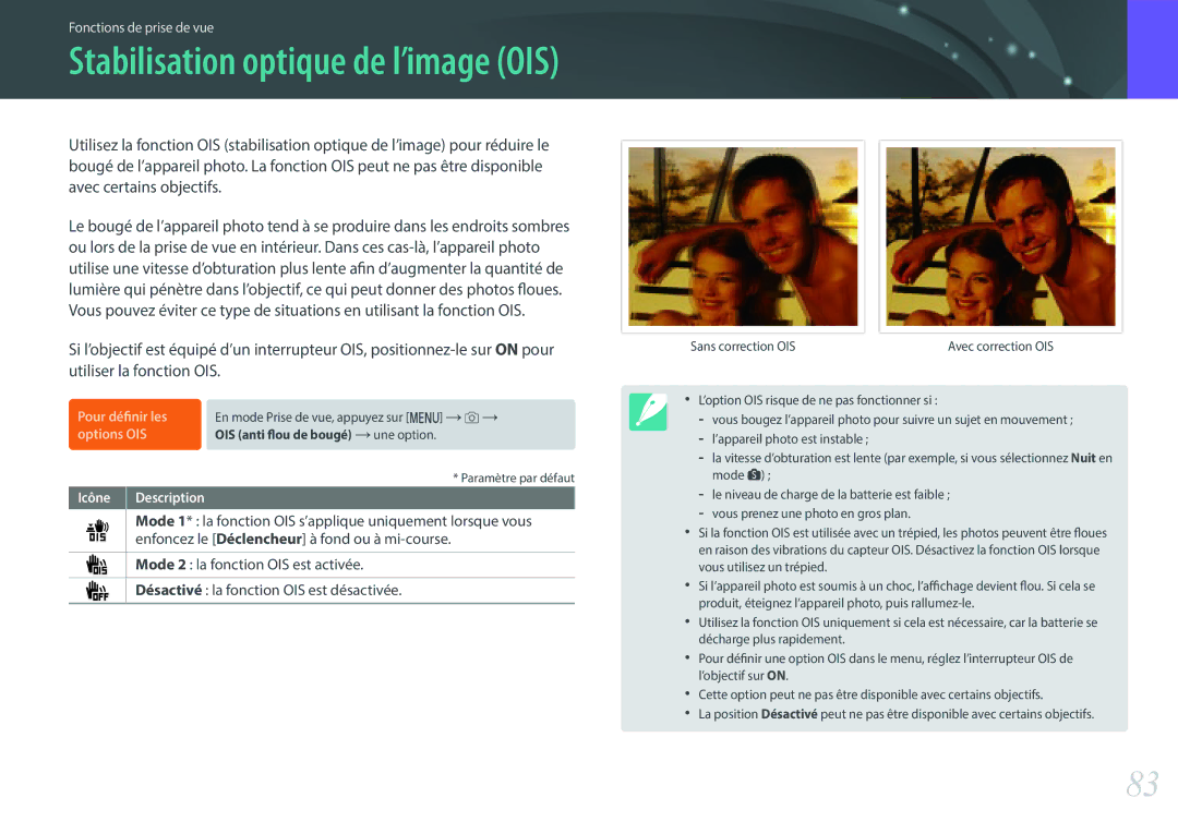 Samsung EV-NX3000BOHFR Mode 1* la fonction OIS s’applique uniquement lorsque vous, Mode 2 la fonction OIS est activée 