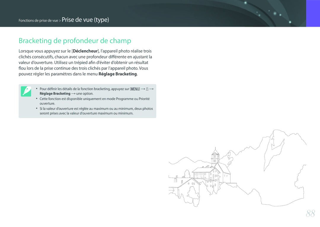 Samsung EV-NX3000BPHFR, EV-NX3000BOHFR, EV-NX3300BOBFR, EV-NX3000BEHFR, EV-NX3000BOIFR manual Bracketing de profondeur de champ 
