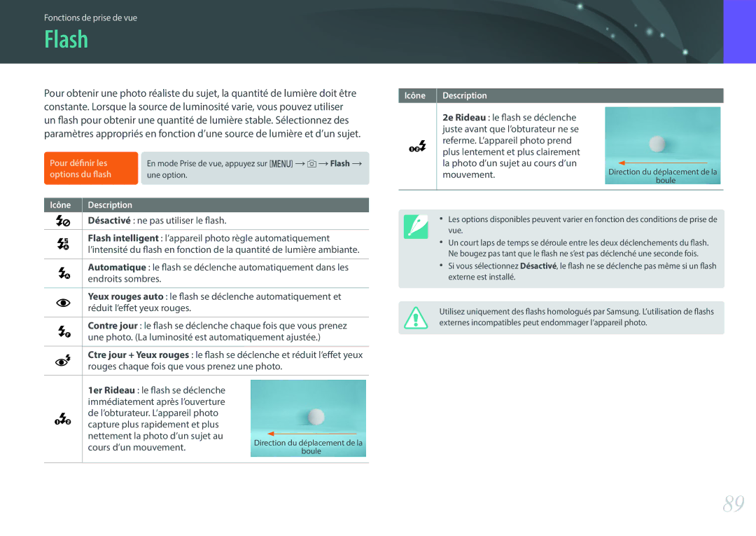 Samsung EV-NX3000BOHFR, EV-NX3300BOBFR, EV-NX3000BEHFR, EV-NX3000BOIFR manual Flash, Cours d’un mouvement, Options du flash 