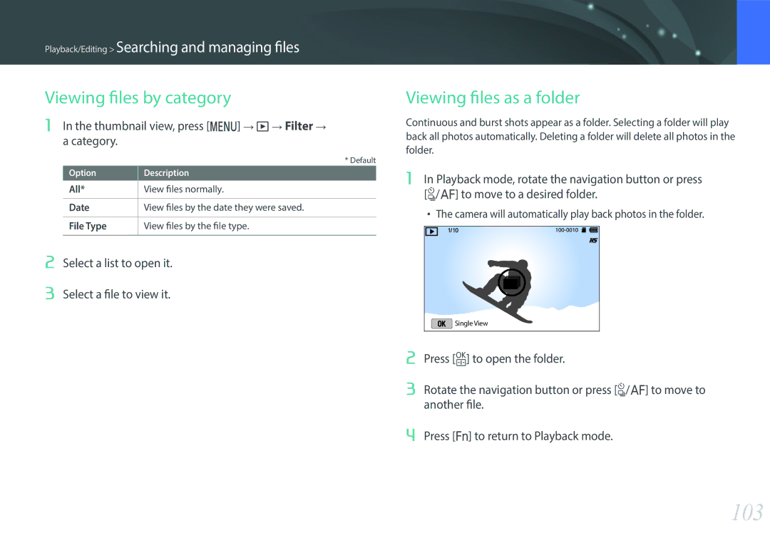 Samsung EV-NX3300BOBDK, EV-NX3000BOHFR 103, Viewing files by category, Thumbnail view, press m → y→ Filter → a category 