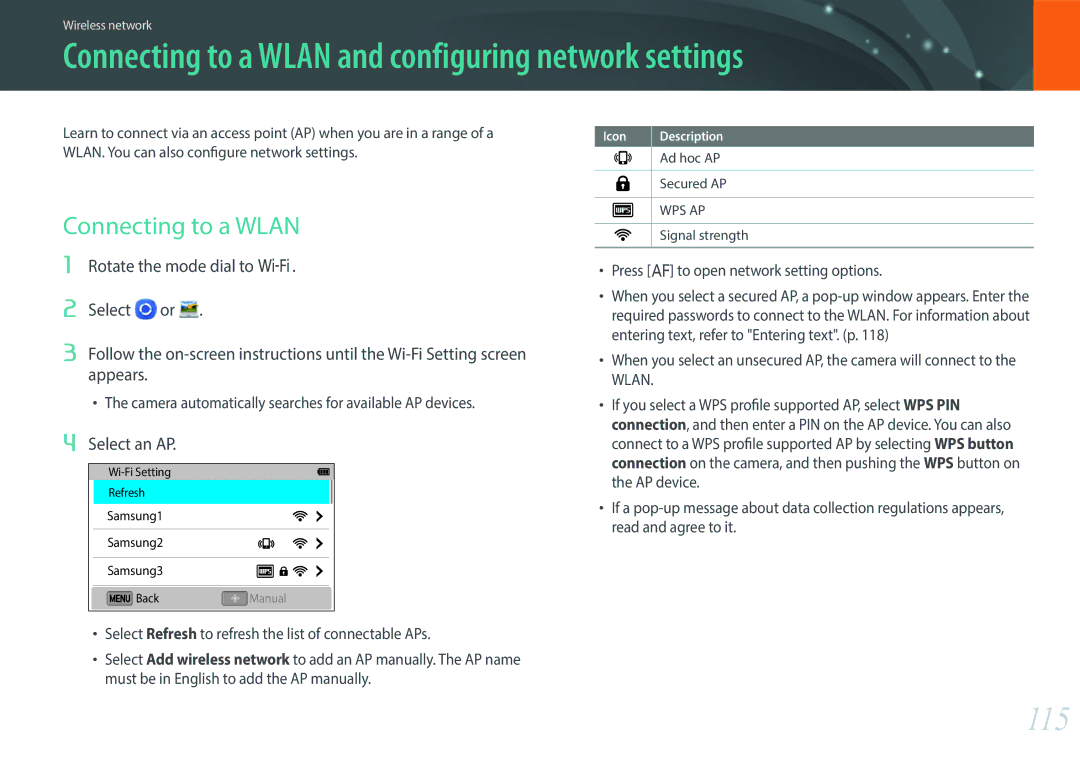 Samsung EV-NX3000BOHTR, EV-NX3000BOHFR manual Connecting to a Wlan and configuring network settings, 115, Select an AP 