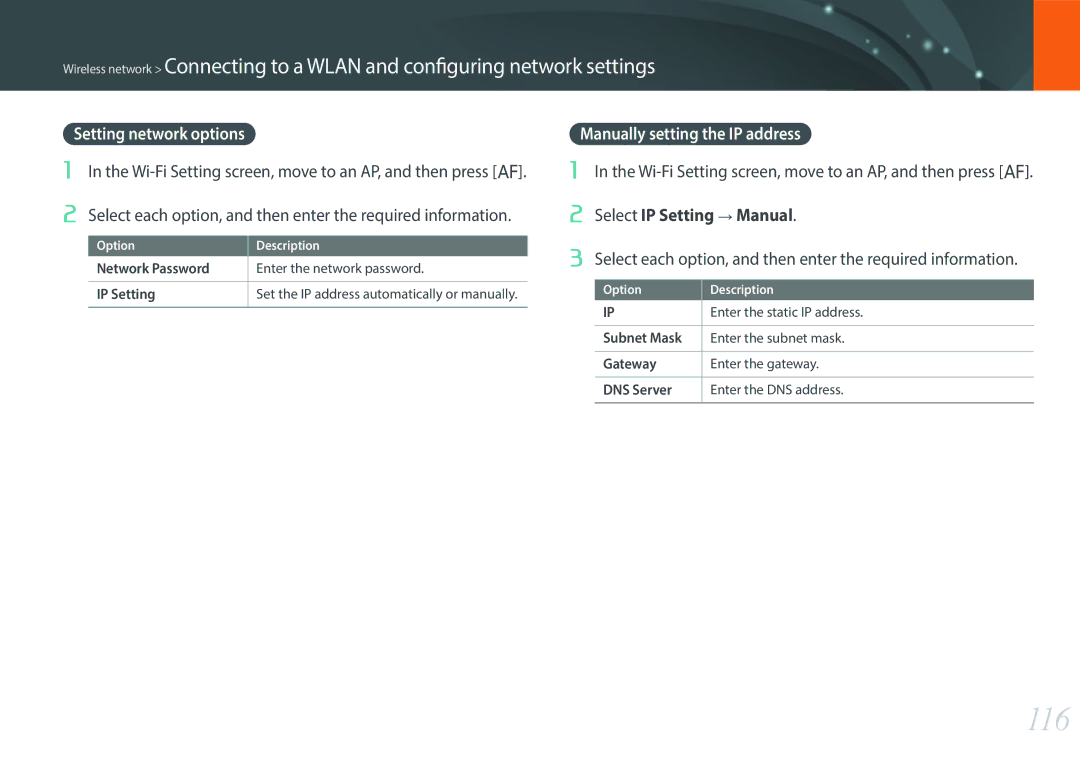 Samsung EV-NX3300BOWDE, EV-NX3000BOHFR, EV-NX3300BPBDE manual 116, Setting network options, Manually setting the IP address 
