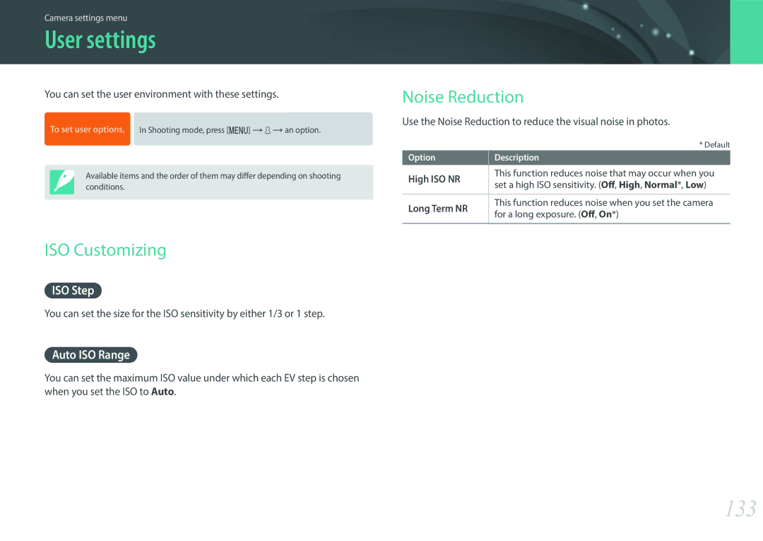 Samsung EV-NX3000BOHAT, EV-NX3000BOHFR, EV-NX3300BPBDE, EV-NX3000BOIDE User settings, 133, ISO Customizing, Noise Reduction 