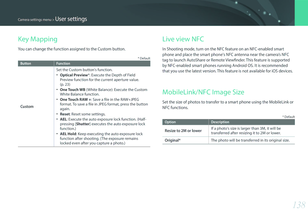 Samsung EV-NX3000BOICH, EV-NX3000BOHFR, EV-NX3300BPBDE manual 138, Key Mapping, Live view NFC, MobileLink/NFC Image Size 