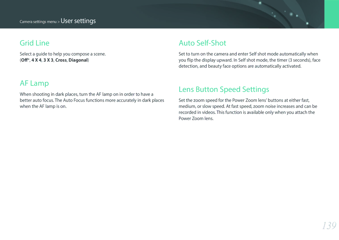 Samsung EV-NX3000BOHCZ, EV-NX3000BOHFR, EV-NX3300BPBDE, EV-NX3000BOIDE 139, Grid Line, AF Lamp, Lens Button Speed Settings 