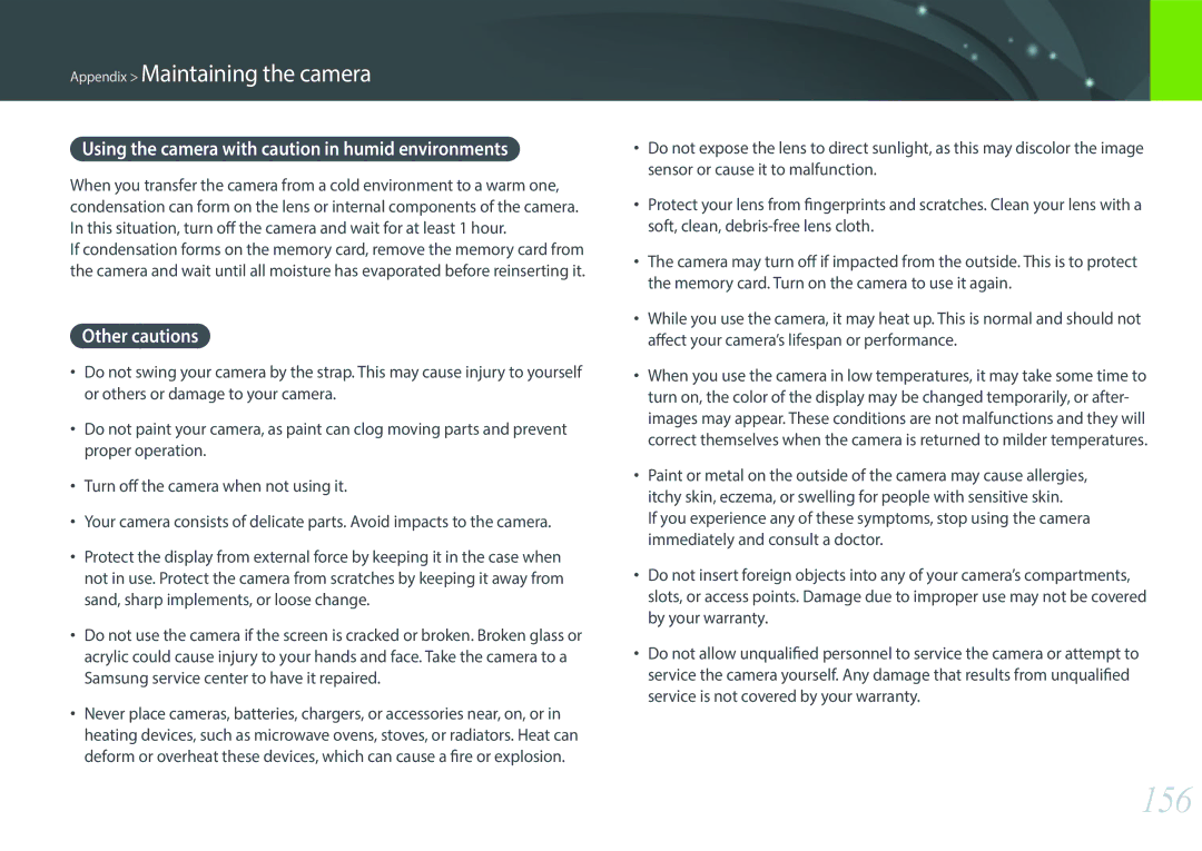 Samsung EV-NX3000BOHDK, EV-NX3000BOHFR manual 156, Using the camera with caution in humid environments, Other cautions 