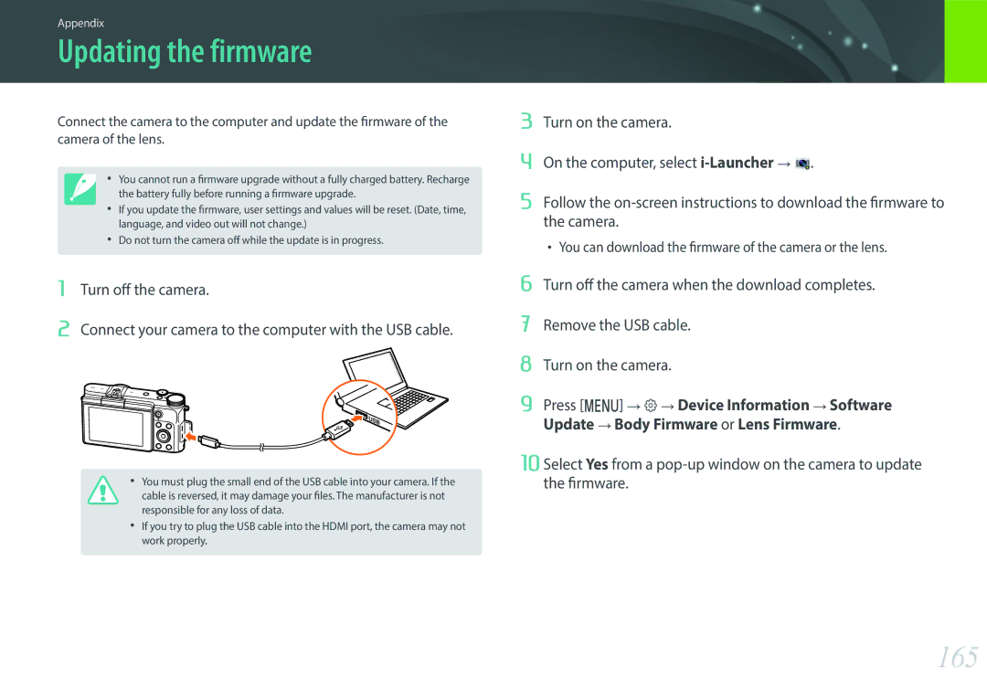 Samsung EV-NX3000BEIKZ, EV-NX3000BOHFR, EV-NX3300BPBDE, EV-NX3000BOIDE, EV-NX3000BOIAT manual Updating the firmware, 165 