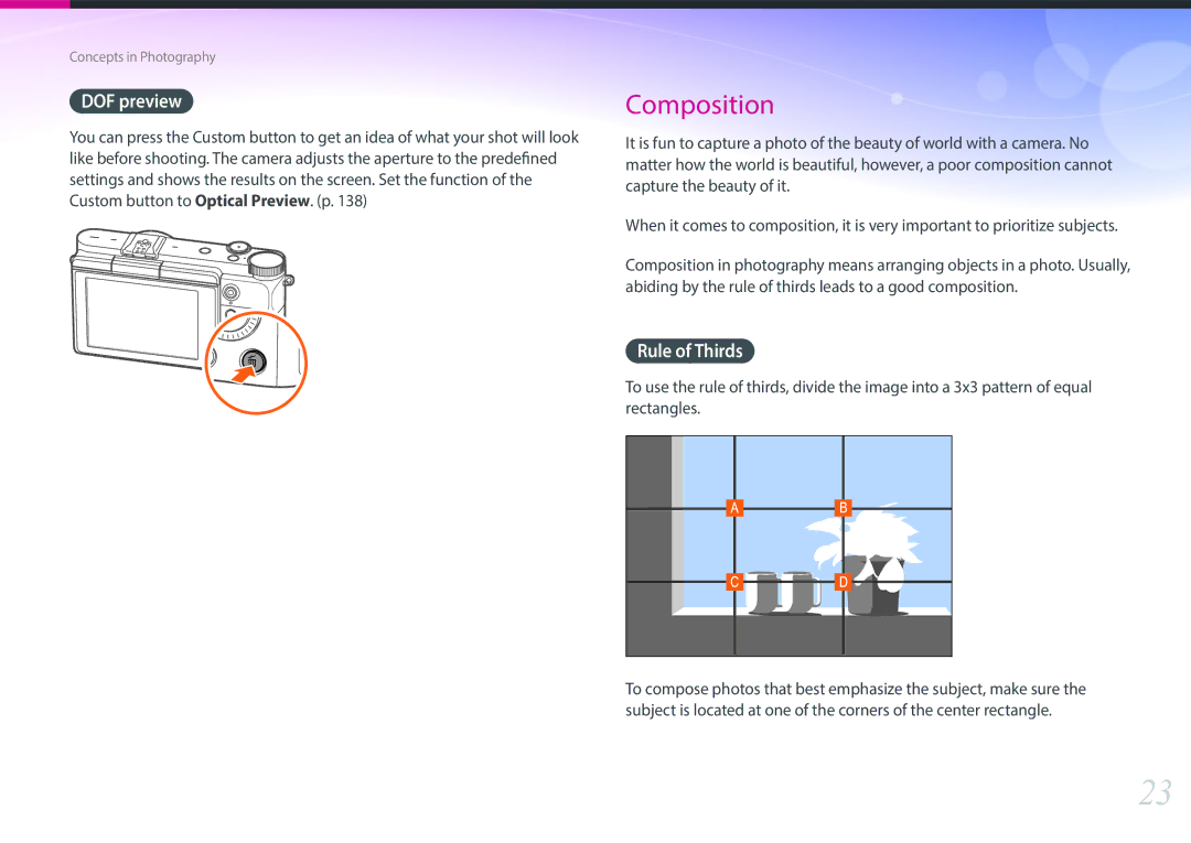 Samsung EV-NX3300BOWES, EV-NX3000BOHFR, EV-NX3300BPBDE, EV-NX3000BOIDE, EV-NX3000BOIAT manual DOF preview, Rule of Thirds 