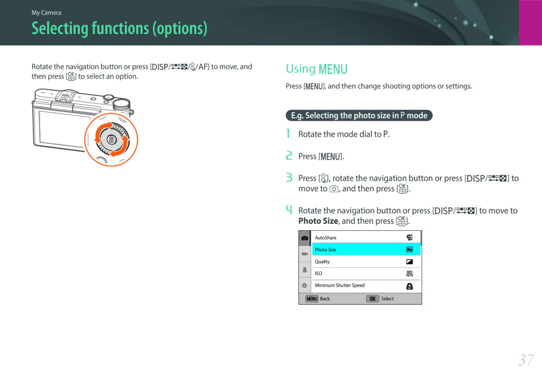 Samsung EV-NX3000BOHHU, EV-NX3000BOHFR, EV-NX3300BPBDE, EV-NX3000BOIDE, EV-NX3000BOIAT manual Selecting functions options 