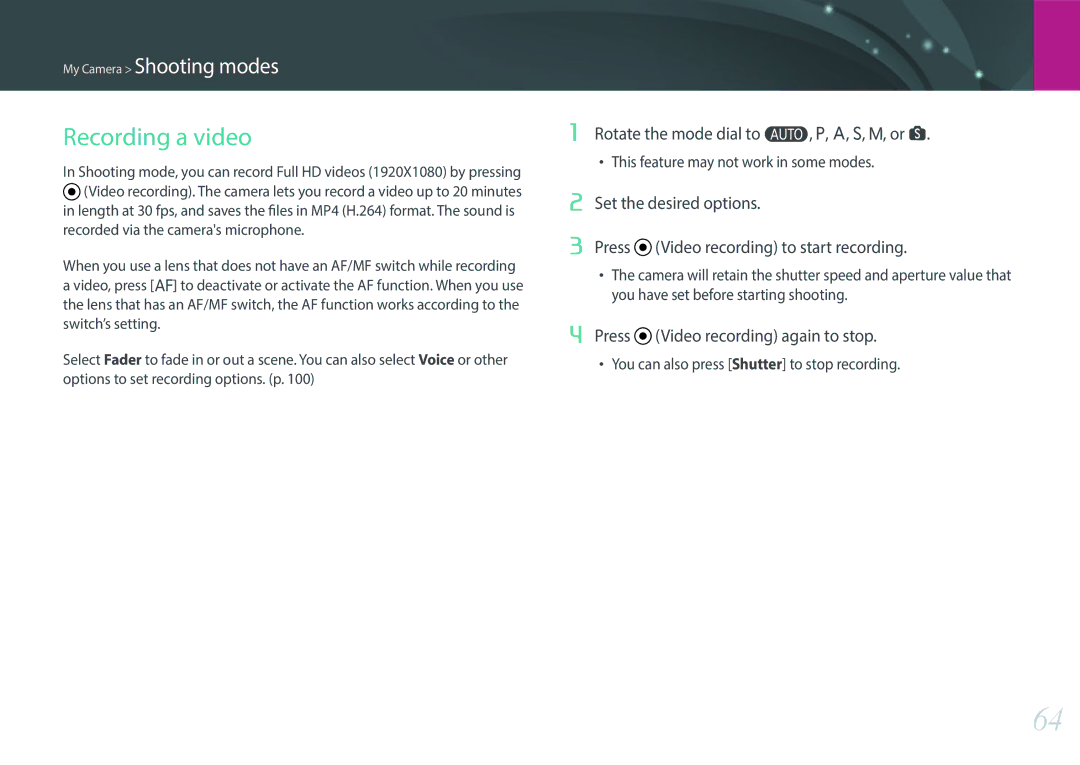 Samsung EV-NX3000BOITR Recording a video, Rotate the mode dial to t, P, A, S, M, or s, Press Video recording again to stop 