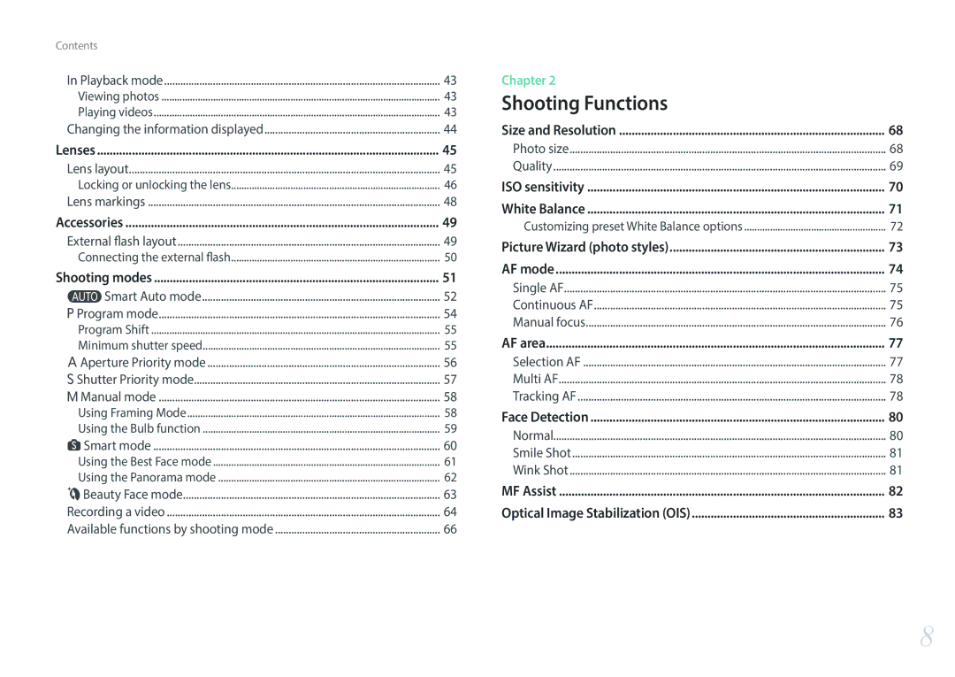 Samsung EV-NX3000BOITR, EV-NX3000BOHFR, EV-NX3300BPBDE, EV-NX3000BOIDE, EV-NX3000BOIAT, EV-NX3000BOHTR manual Shooting Functions 