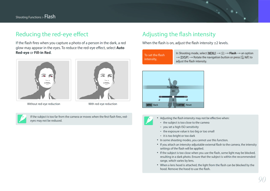 Samsung EV-NX3300BOWHU, EV-NX3000BOHFR, EV-NX3300BPBDE manual Reducing the red-eye effect, Adjusting the flash intensity 