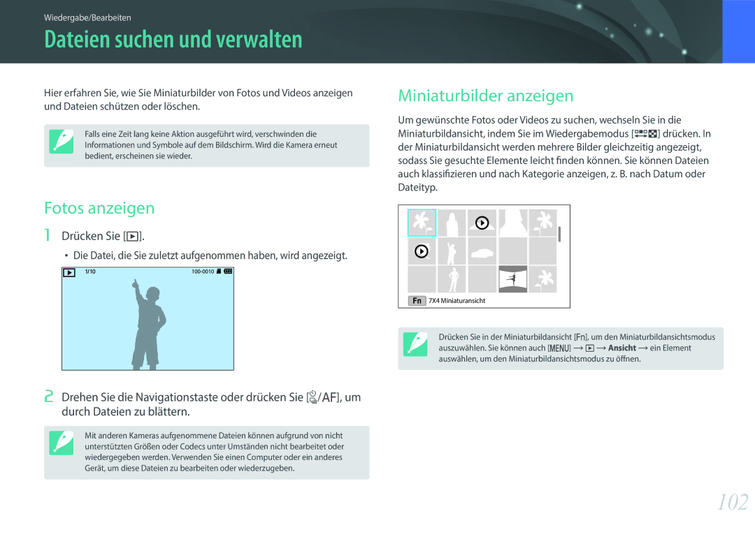 Samsung EV-NX3300BPBDE, EV-NX3000BOHFR, EV-NX3000BOIDE manual 102, Fotos anzeigen, Miniaturbilder anzeigen, Drücken Sie y 