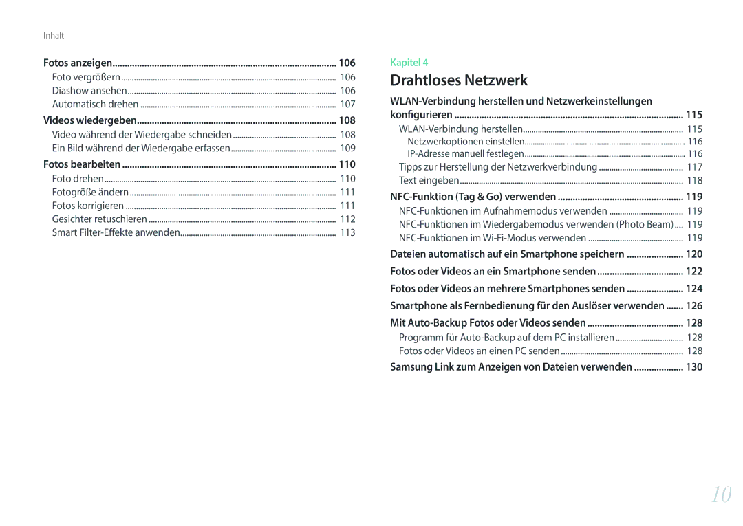 Samsung EV-NX3000BOHGR manual WLAN-Verbindung herstellen und Netzwerkeinstellungen, 115, 119, 120, 122, 124, 126, 128, 130 