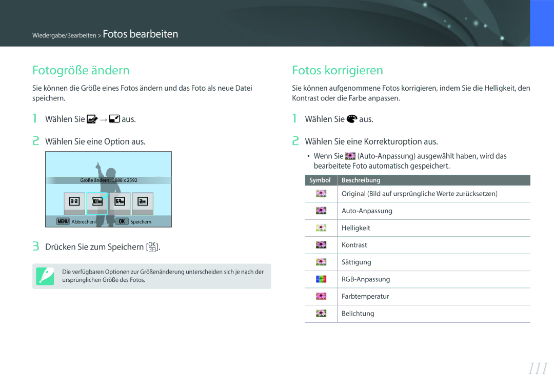 Samsung EV-NX3000BOIPT, EV-NX3000BOHFR 111, Fotogröße ändern, Fotos korrigieren, Wählen Sie eine Korrekturoption aus 