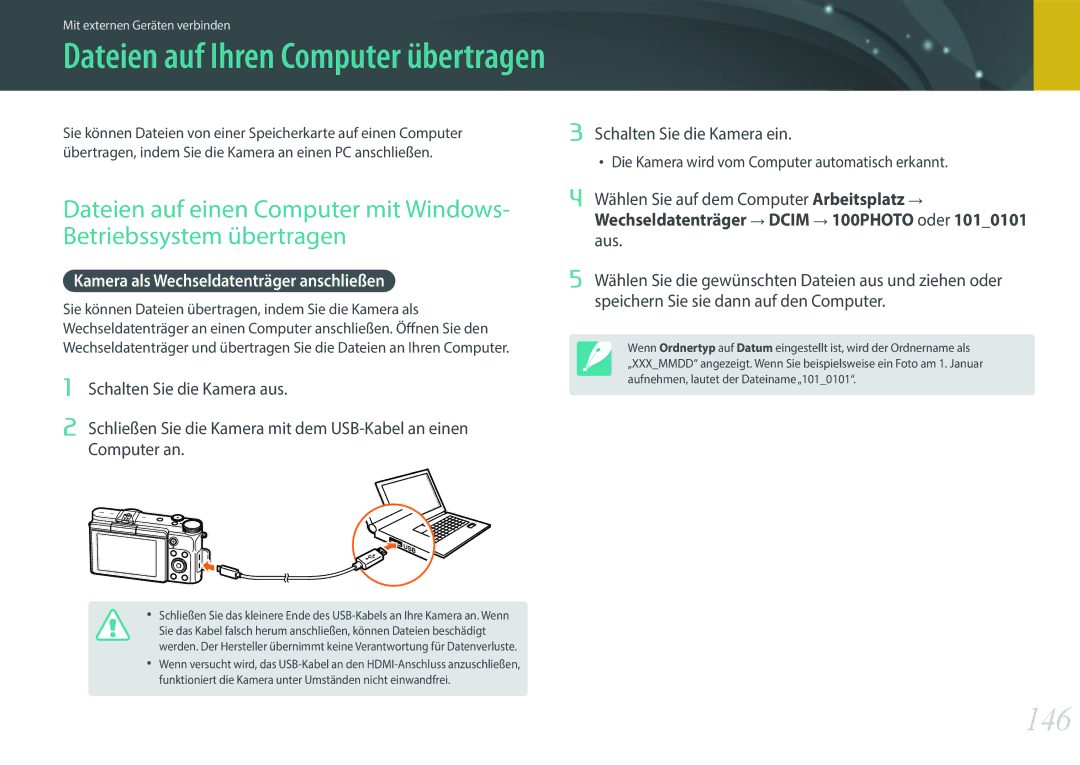 Samsung EV-NX3000BOHGR manual Dateien auf Ihren Computer übertragen, 146, Kamera als Wechseldatenträger anschließen 