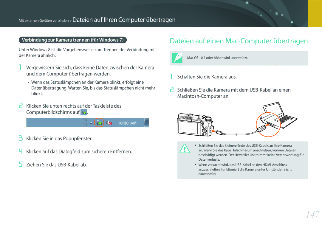 Samsung EV-NX3000BOHDE manual 147, Dateien auf einen Mac-Computer übertragen, Verbindung zur Kamera trennen für Windows 