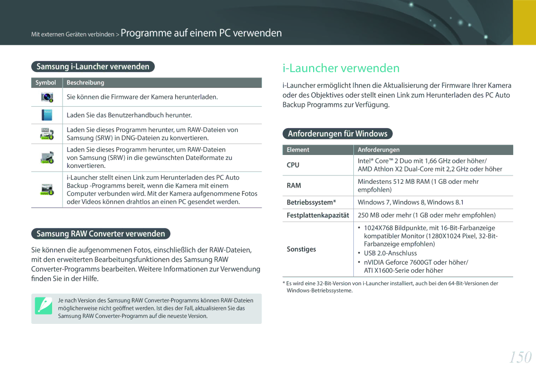 Samsung EV-NX3300BOWFR 150, Samsung i-Launcher verwenden, Samsung RAW Converter verwenden, Anforderungen für Windows 