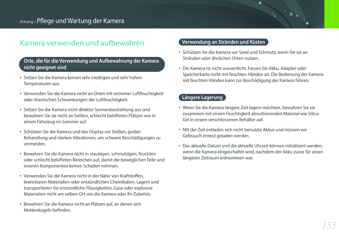 Samsung EV-NX3000BOIAT manual 155, Kamera verwenden und aufbewahren, Verwendung an Stränden und Küsten, Längere Lagerung 