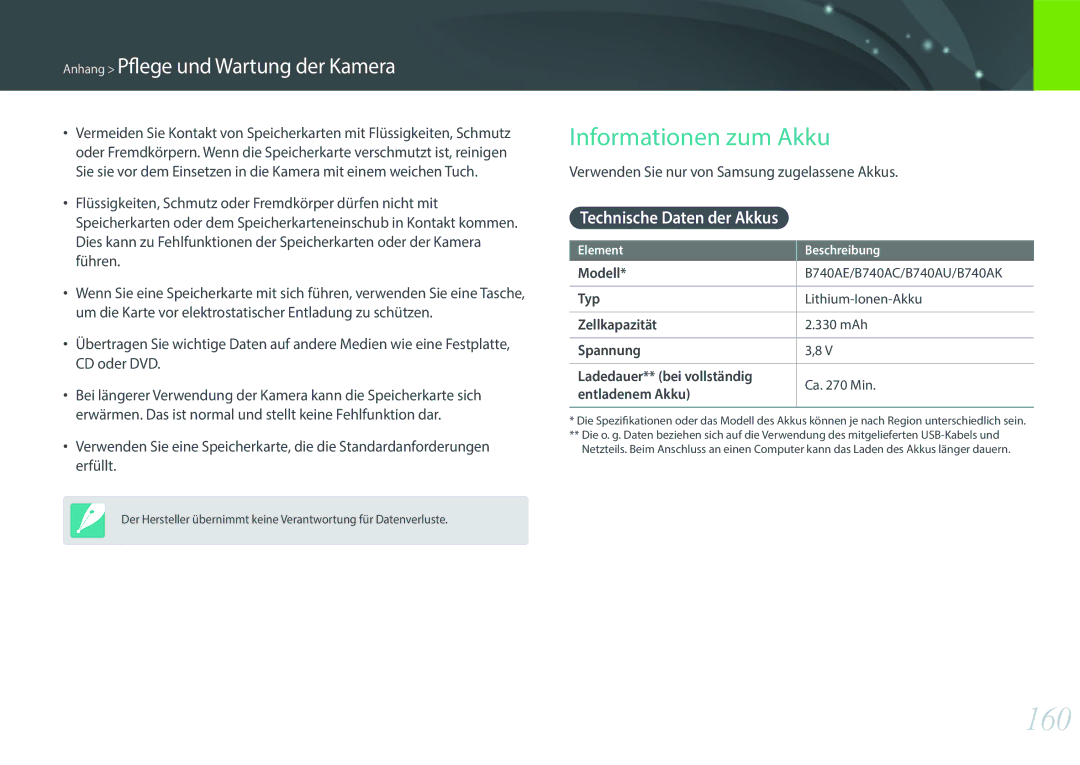 Samsung EV-NX3000BOJGR, EV-NX3000BOHFR, EV-NX3300BPBDE manual 160, Informationen zum Akku, Technische Daten der Akkus 