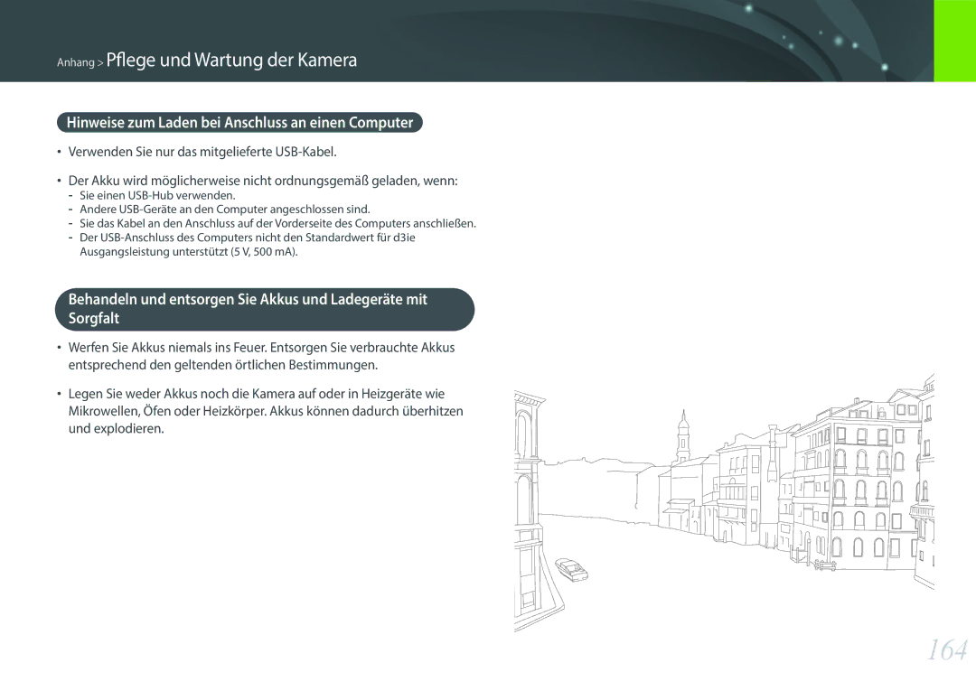 Samsung EV-NX3000BOHDE, EV-NX3000BOHFR, EV-NX3300BPBDE manual 164, Hinweise zum Laden bei Anschluss an einen Computer 