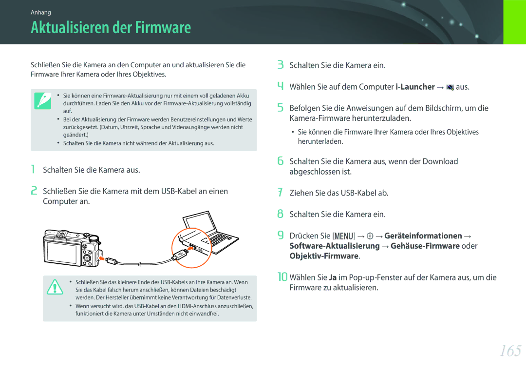 Samsung EV-NX3000BEHFR, EV-NX3000BOHFR, EV-NX3300BPBDE, EV-NX3000BOIDE, EV-NX3000BOIAT manual Aktualisieren der Firmware, 165 