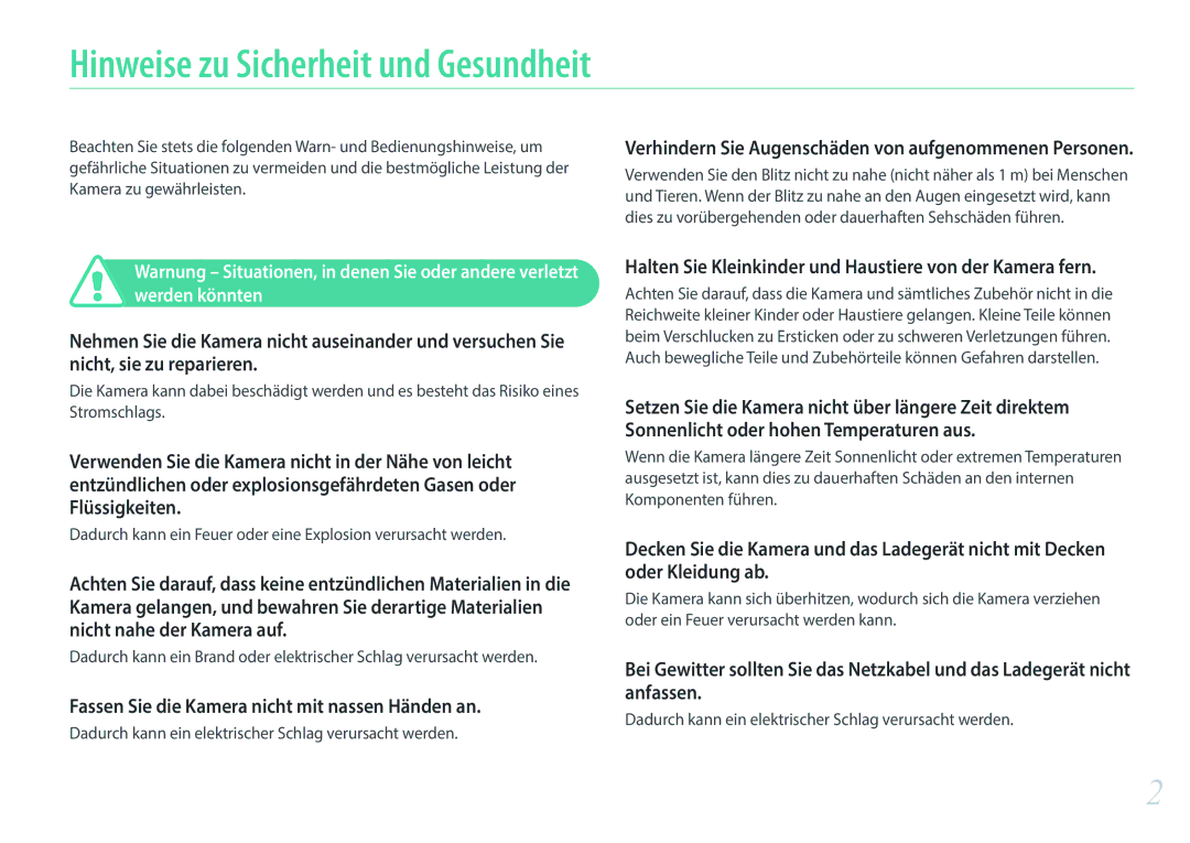 Samsung EV-NX3000BOIAT manual Hinweise zu Sicherheit und Gesundheit, Fassen Sie die Kamera nicht mit nassen Händen an 