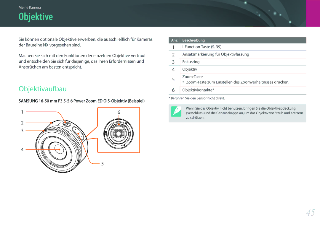 Samsung EV-NX3000BOHDE, EV-NX3000BOHFR, EV-NX3300BPBDE, EV-NX3000BOIDE, EV-NX3000BOIAT manual Objektive, Objektivaufbau 
